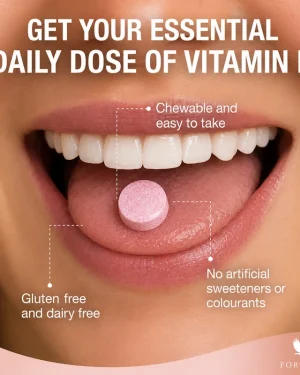 Forever Absorbent-D bottle beside pink prickly pear chewable tablets, vitamin D and E supplement for daily bone and immune support
