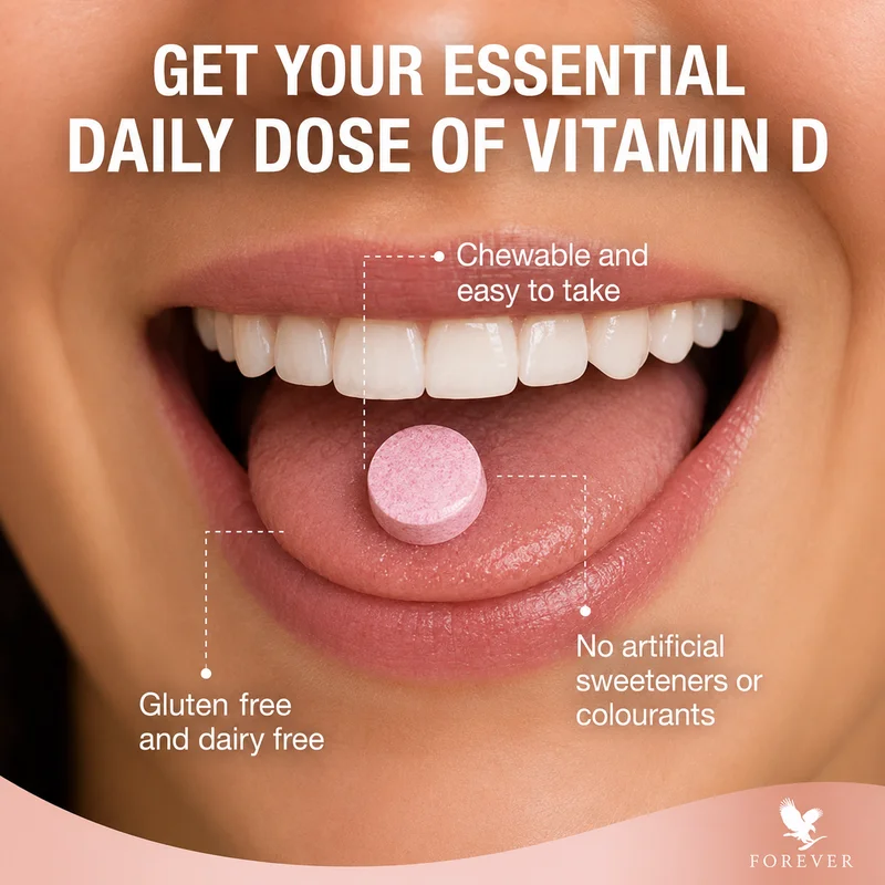 Forever Absorbent-D – Vitamin D &Amp; E Chewable Support – 20 Mcg/12 Mg – 60 Tablets - Recs-Medix Forever absorbent-d bottle beside pink prickly pear chewable tablets, vitamin d and e supplement for daily bone and immune support