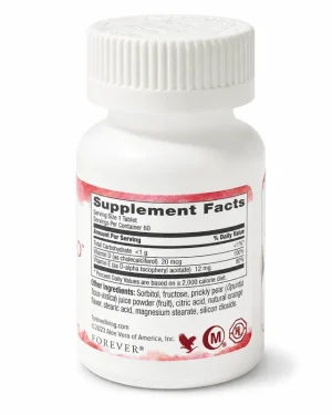 Forever Absorbent-D supplement facts label showing vitamin D 20mcg and vitamin E 12mg per chewable tablet