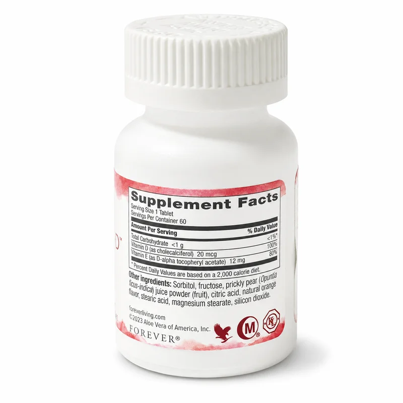Forever Absorbent-D – Vitamin D &Amp; E Chewable Support – 20 Mcg/12 Mg – 60 Tablets - Recs-Medix Forever absorbent-d supplement facts label showing vitamin d 20mcg and vitamin e 12mg per chewable tablet