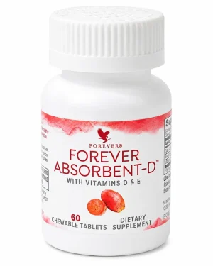 Forever Absorbent-D white bottle with red watercolour label, chewable vitamin D and vitamin E supplement for bone and immune support