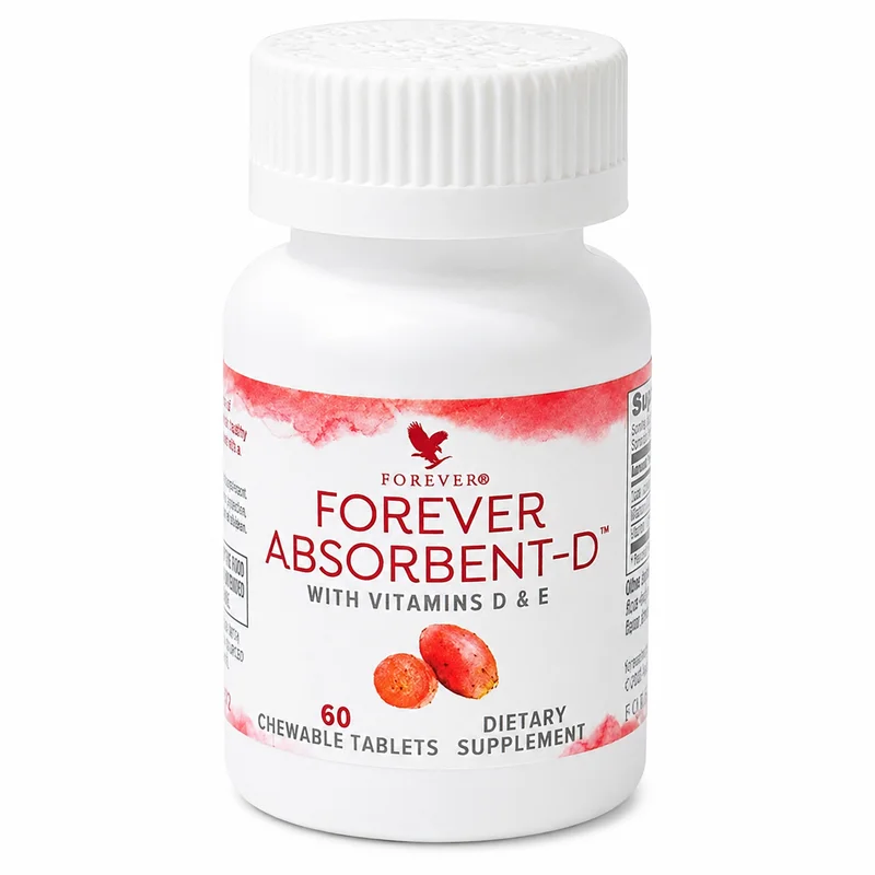 Forever Absorbent-D – Vitamin D &Amp; E Chewable Support – 20 Mcg/12 Mg – 60 Tablets - Recs-Medix Forever absorbent-d white bottle with red watercolour label, chewable vitamin d and vitamin e supplement for bone and immune support