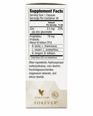 Forever Active Pro-B supplement facts showing probiotic strains zinc and 8 billion CFU