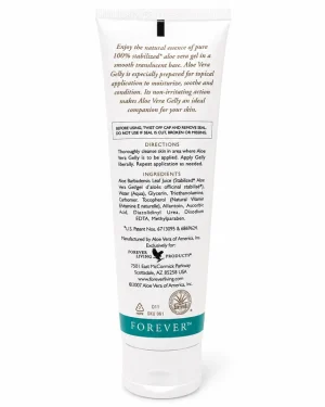 Forever Aloe Vera Gelly 118ml back label showing directions, ingredients and sealed white tube for topical aloe skincare.