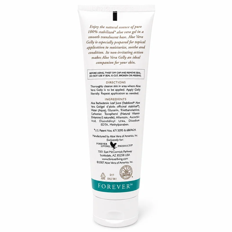 Forever Aloe Vera Gelly – Soothing Clear Skin Gel – 118Ml - Recs-Medix Forever aloe vera gelly 118ml back label showing directions, ingredients and sealed white tube for topical aloe skincare.