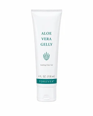 Forever Aloe Vera Gelly 118ml front tube on white background, soothing clear aloe skin gel for moisturising care.