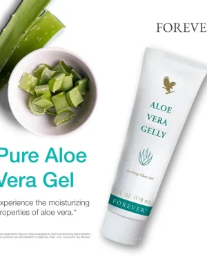 Forever Aloe Vera Gelly 118ml beside fresh aloe vera leaves and gel pieces, showing topical aloe skin gel for moisturising care.