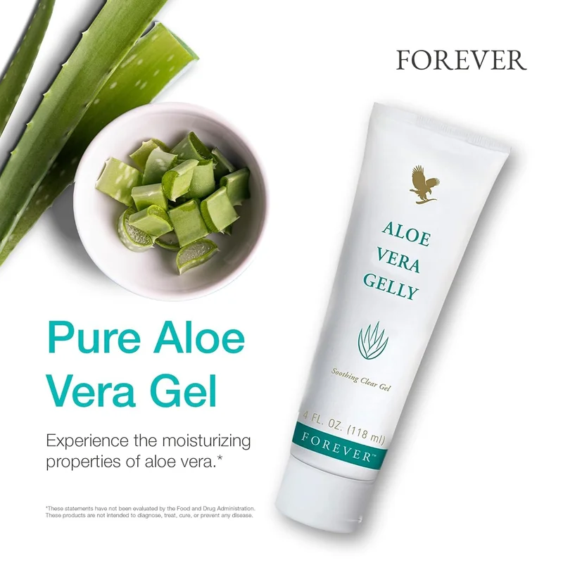 Forever Aloe Vera Gelly – Soothing Clear Skin Gel – 118Ml - Recs-Medix Forever aloe vera gelly 118ml beside fresh aloe vera leaves and gel pieces, showing topical aloe skin gel for moisturising care.