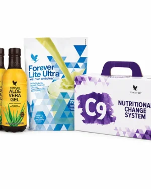 Forever Clean 9 C9 bundle with two Aloe Vera Gel bottles, blue Lite Ultra vanilla pouch and purple programme box