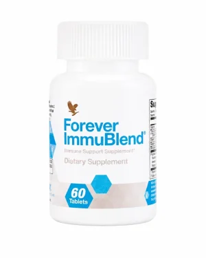Forever ImmuBlend 60 tablets, white bottle with blue immune support label and ribbed cap, dietary supplement for immune support