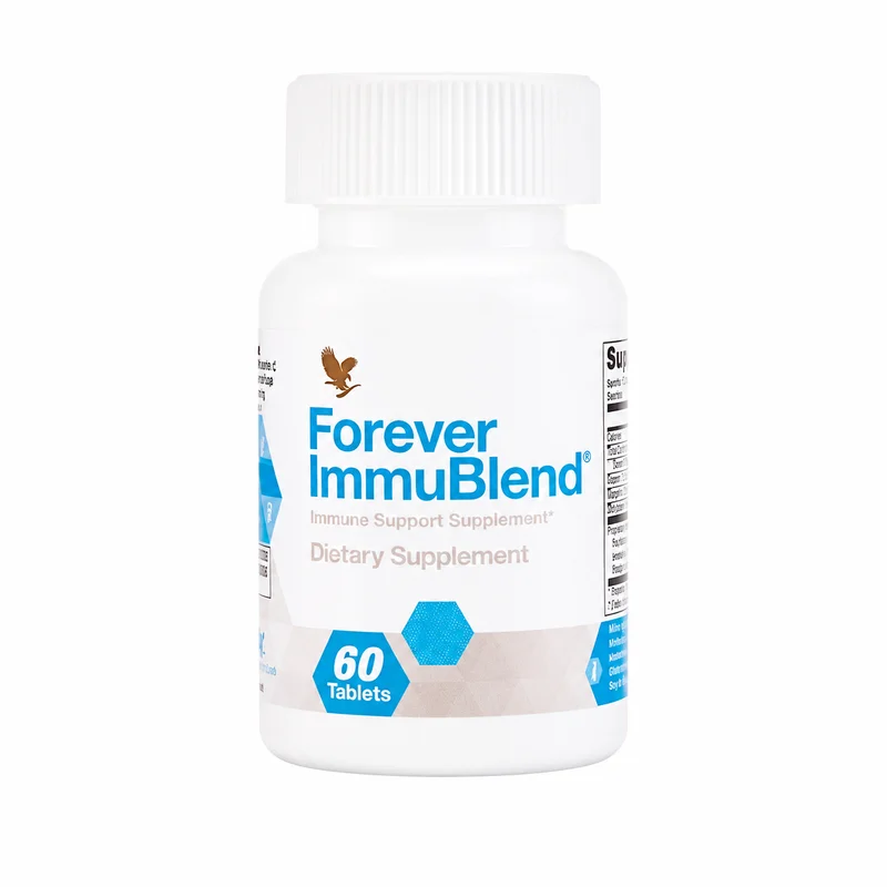 Forever Immublend — Immune Support — 358Mg Blend — 60 Tablets - Recs-Medix Forever immublend 60 tablets, white bottle with blue immune support label and ribbed cap, dietary supplement for immune support