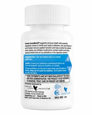 Forever ImmuBlend® Immune Support Supplement — side label showing suggested use of two tablets daily and caution statement for pregnant or nursing users.