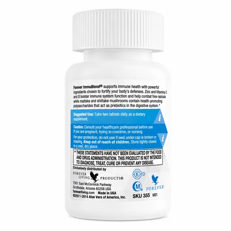 Forever Immublend — Immune Support — 358Mg Blend — 60 Tablets - Recs-Medix Forever immublend® immune support supplement — side label showing suggested use of two tablets daily and caution statement for pregnant or nursing users.