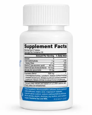 Forever ImmuBlend Supplement Facts panel showing vitamin C, vitamin D3, zinc, lactoferrin and mushroom blend