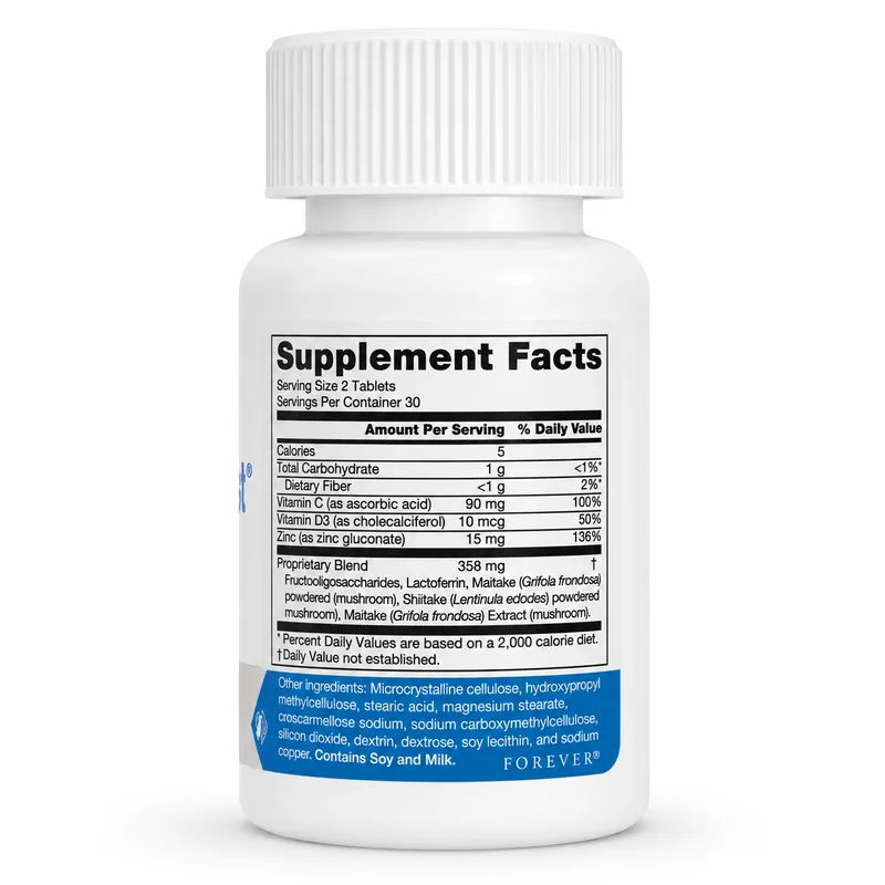 Forever Immublend — Immune Support — 358Mg Blend — 60 Tablets - Recs-Medix Forever immublend supplement facts panel showing vitamin c, vitamin d3, zinc, lactoferrin and mushroom blend