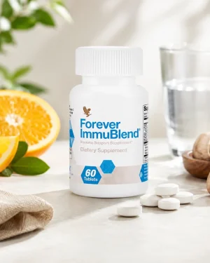 Forever ImmuBlend bottle with white tablets, glass of water, citrus and mushroom ingredients for immune wellness
