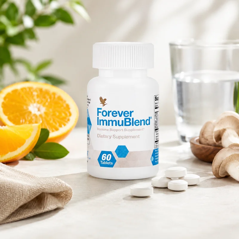 Forever Immublend — Immune Support — 358Mg Blend — 60 Tablets - Recs-Medix Forever immublend bottle with white tablets, glass of water, citrus and mushroom ingredients for immune wellness