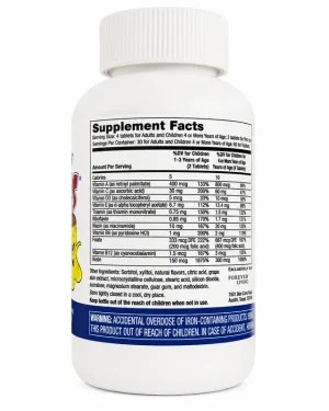 Forever Kids chewable multivitamins back label with supplement facts for 120 tablets