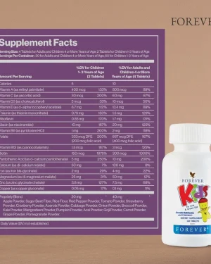 Forever Kids chewable multivitamins supplement facts panel showing vitamins and minerals