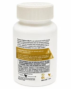 Forever Nature-Min 180 Tablets, white bottle showing directions and safety warning label, daily mineral supplement