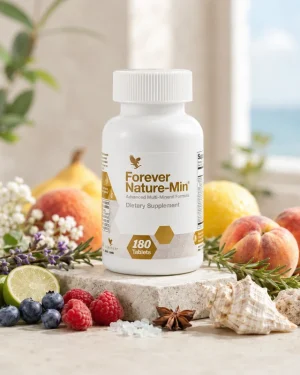 Forever Nature-Min 180 Tablets, white bottle styled with fruits, herbs and mineral accents, daily wellness supplement