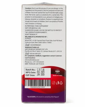 Glucozein back label, white and maroon carton with barcode, batch details and caution notes for buyer verification