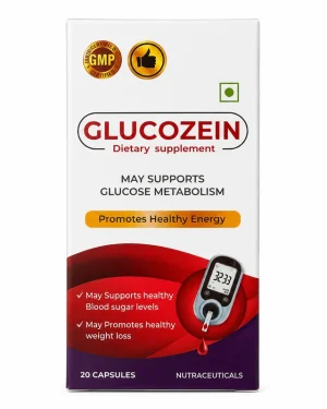 Glucozein Dietary Supplement 20 Capsules, white and maroon carton with glucometer graphic, glucose metabolism support formula