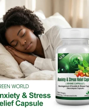 Green World Anxiety & Stress Relief Capsule with sleeping woman and white bottle, sleep support supplement lifestyle image
