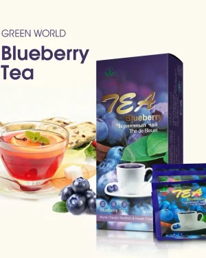 Green World Blueberry Tea box with sachets and brewed tea cup, purple blueberry packaging for antioxidant wellness tea