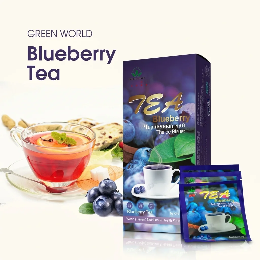 Green World Blueberry Tea – Antioxidant &Amp; Skin Support – 3G X 16 Sachets - Recs-Medix Green world blueberry tea box with sachets and brewed tea cup, purple blueberry packaging for antioxidant wellness tea