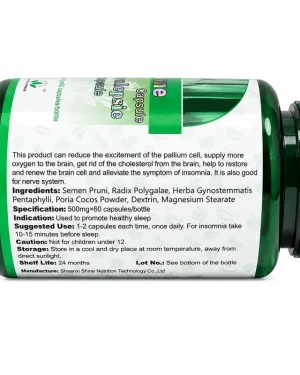 Green World Ishine Capsule side label, green bottle showing ingredients and dosage text, sleep support supplement