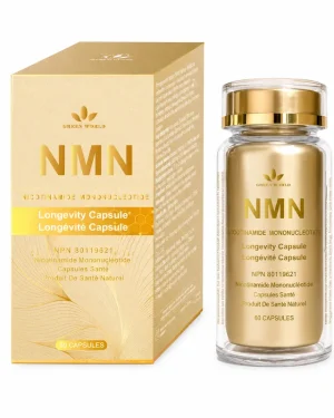 Green World NMN Longevity Capsule gold box and bottle, 60-capsule nicotinamide mononucleotide supplement for NAD+ and vitality support.