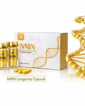 Green World NMN Longevity Capsule box with two gold bottles, capsules and DNA helix design for cellular energy and healthy ageing support.
