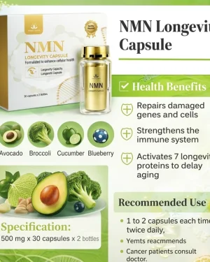 Green World NMN Longevity Capsule health benefits infographic with avocado, broccoli, cucumber and blueberry ingredients for NAD+ support.
