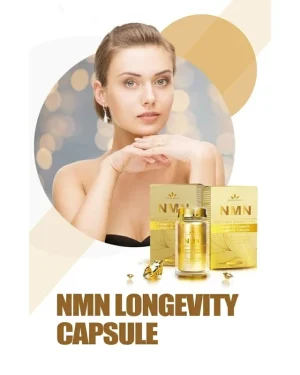 Green World NMN Longevity Capsule lifestyle image with gold product pack and bottle, used for healthy ageing and daily wellness support.