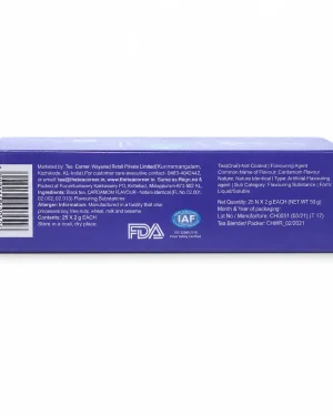 Tea Corner Cardamom Tea back label showing ingredients, barcode, flavouring details and packaging information