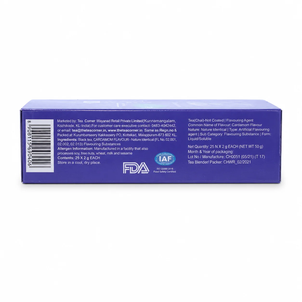 Green World Blueberry Tea – Antioxidant &Amp; Skin Support – 3G X 16 Sachets - Recs-Medix Tea corner cardamom tea back label showing ingredients, barcode, flavouring details and packaging information