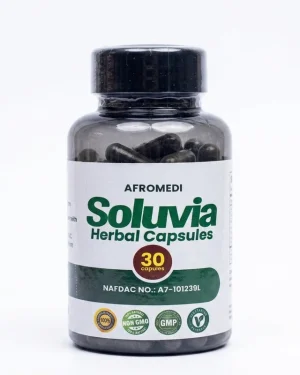 Afromedi Soluvia Herbal Capsules, green and white 30-capsule bottle with NAFDAC mark, herbal supplement for kidney and urinary wellness support