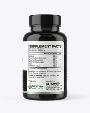 Afromedi Soluvia Herbal Capsules Supplement Facts panel showing grape seed, Phyllanthus niruri, berberine and turmeric for kidney support