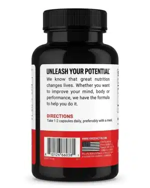 Force Factor Lion's Mane directions panel advising adults to take one to two vegetable capsules daily with a meal for cognitive support.