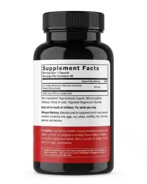 Force Factor Lion's Mane supplement facts panel showing 500mg Hericium erinaceus fruiting body per capsule and 60 servings per vegan bottle.