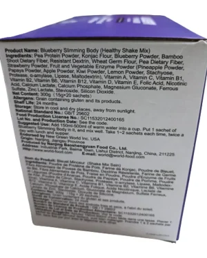 Green World Blueberry Slimming Body Healthy Shake Mix 300g back label showing ingredients, directions and storage information