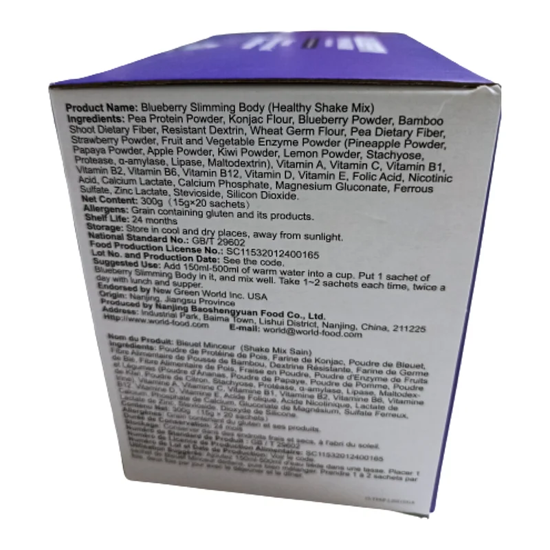 Green World Blueberry Slimming Body — Weight Management Shake — 15G — 20 Sachets - Recs-Medix Green world blueberry slimming body healthy shake mix 300g back label showing ingredients, directions and storage information