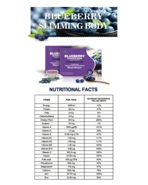 Green World Blueberry Slimming Body Healthy Shake Mix 300g nutrition facts panel showing protein, fibre, vitamins and minerals