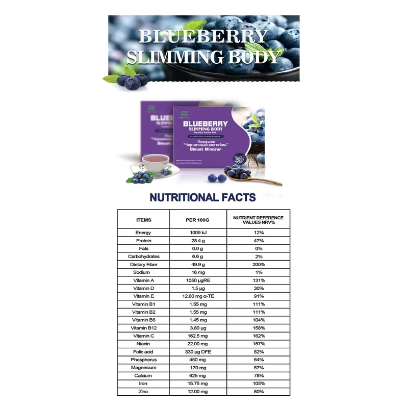 Green World Blueberry Slimming Body — Weight Management Shake — 15G — 20 Sachets - Recs-Medix Green world blueberry slimming body healthy shake mix 300g nutrition facts panel showing protein, fibre, vitamins and minerals
