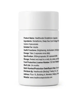 Back label of Healthcode Glutathione Capsules showing ingredients, dosage and specification for this collagen and hyaluronic acid skin brightening supplement.