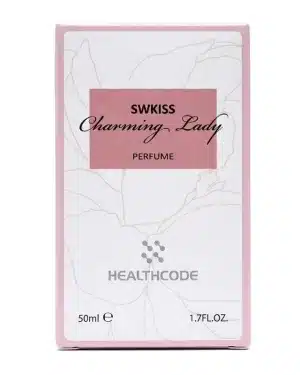 Back label of Healthcode Swkiss Charming Lady Perfume listing ingredients, usage directions and net 50ml fragrance.