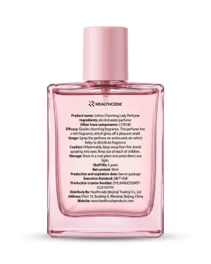 Back label of Healthcode Swkiss Charming Lady Perfume listing ingredients, usage directions and net content for this 50ml fragrance.