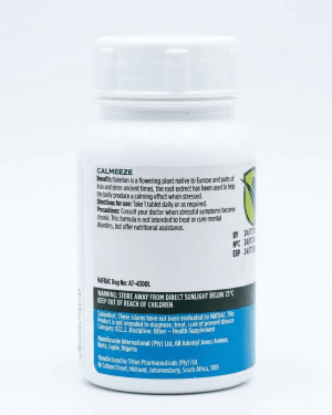 HealthGarde Calmeeze back label showing Valerian benefits, directions for use and NAFDAC number for the calm support supplement.