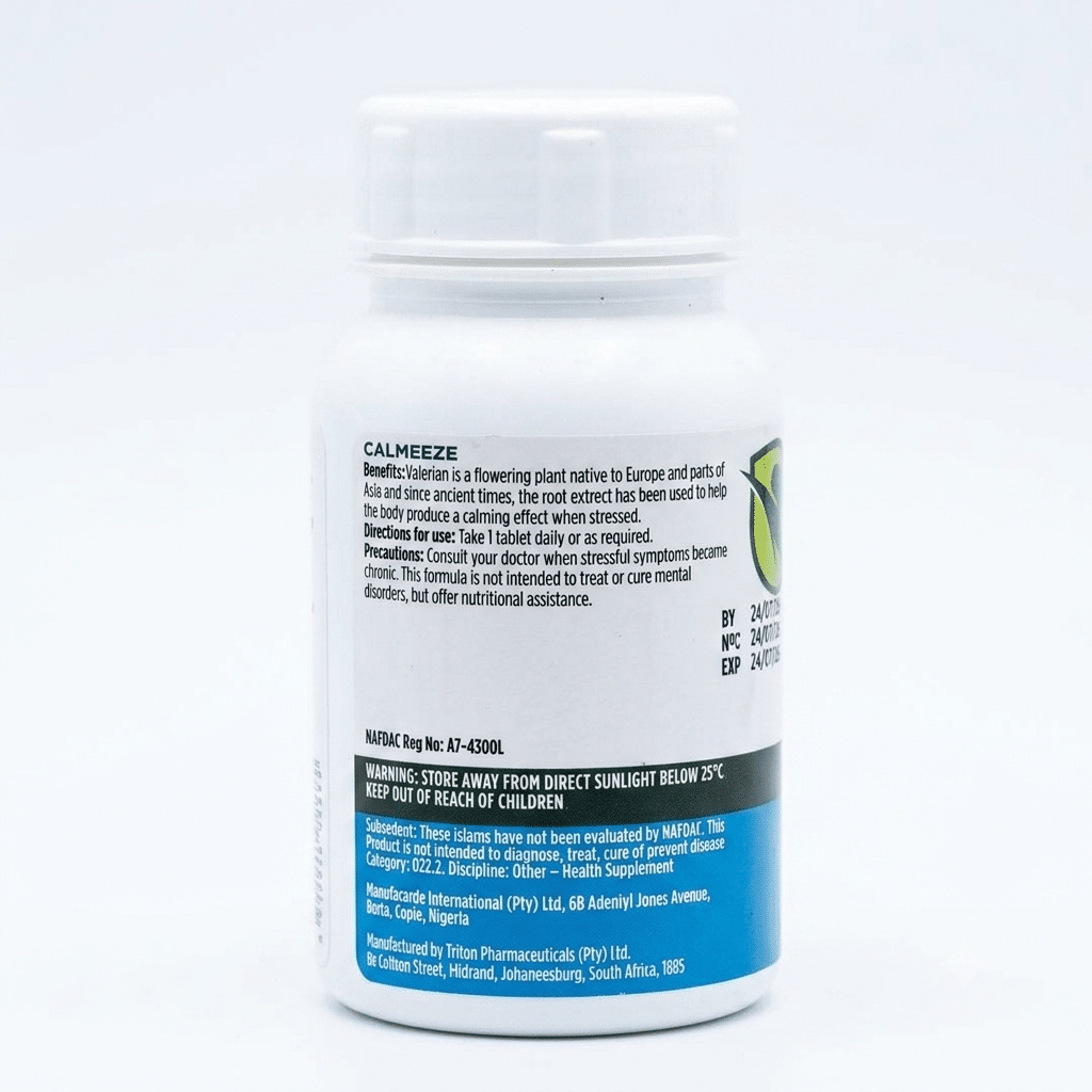 Healthgarde Calmeeze With Valerian – Calm &Amp; Sleep Support – 45Mg – 30 Tablets - Recs-Medix Healthgarde calmeeze back label showing valerian benefits, directions for use and nafdac number for the calm support supplement.